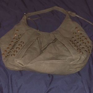 Stud and Zipper Detailed Grey Hobo Bag